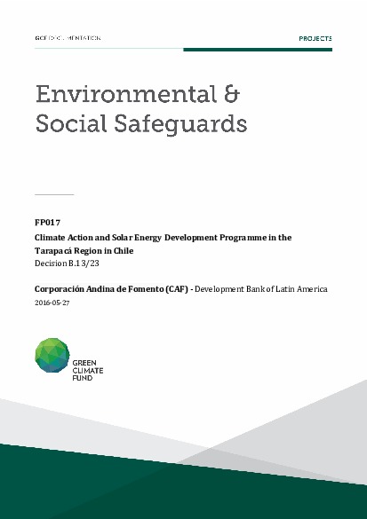 Document cover for Environmental and social safeguards (ESS) report for FP017: Climate action and solar energy development programme in the Tarapacá Region in Chile