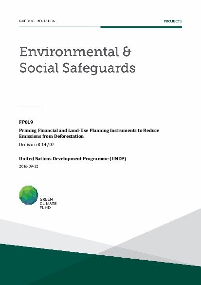 Document cover for Environmental and social safeguards (ESS) report for FP019: Priming financial and land use planning instruments to reduce emissions from deforestation