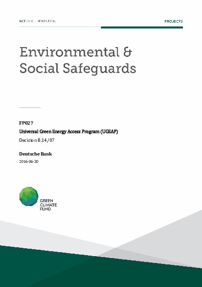 Document cover for Environmental and social safeguards (ESS) report for FP027: Universal Green Energy Access Programme (UGEAP)