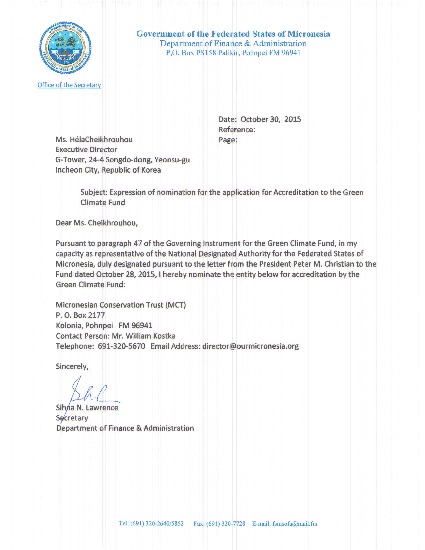 Download Accredited Entity nomination from the Federated States of Micronesia for MCT Document cover for Accredited Entity nomination from the Federated States of Micronesia for MCT