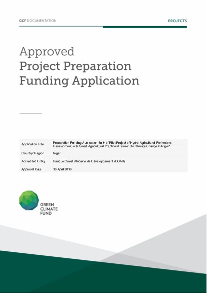 Document cover for Preparation Funding Application for the “Pilot Project of Hydro Agricultural Perimeters Development with Smart Agricultural Practices Resilient to Climate Change in Niger"