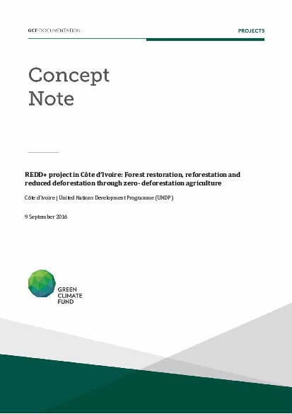 Document cover for REDD+ project in Côte d’Ivoire: Forest restoration, reforestation and reduced deforestation through zero- deforestation agriculture