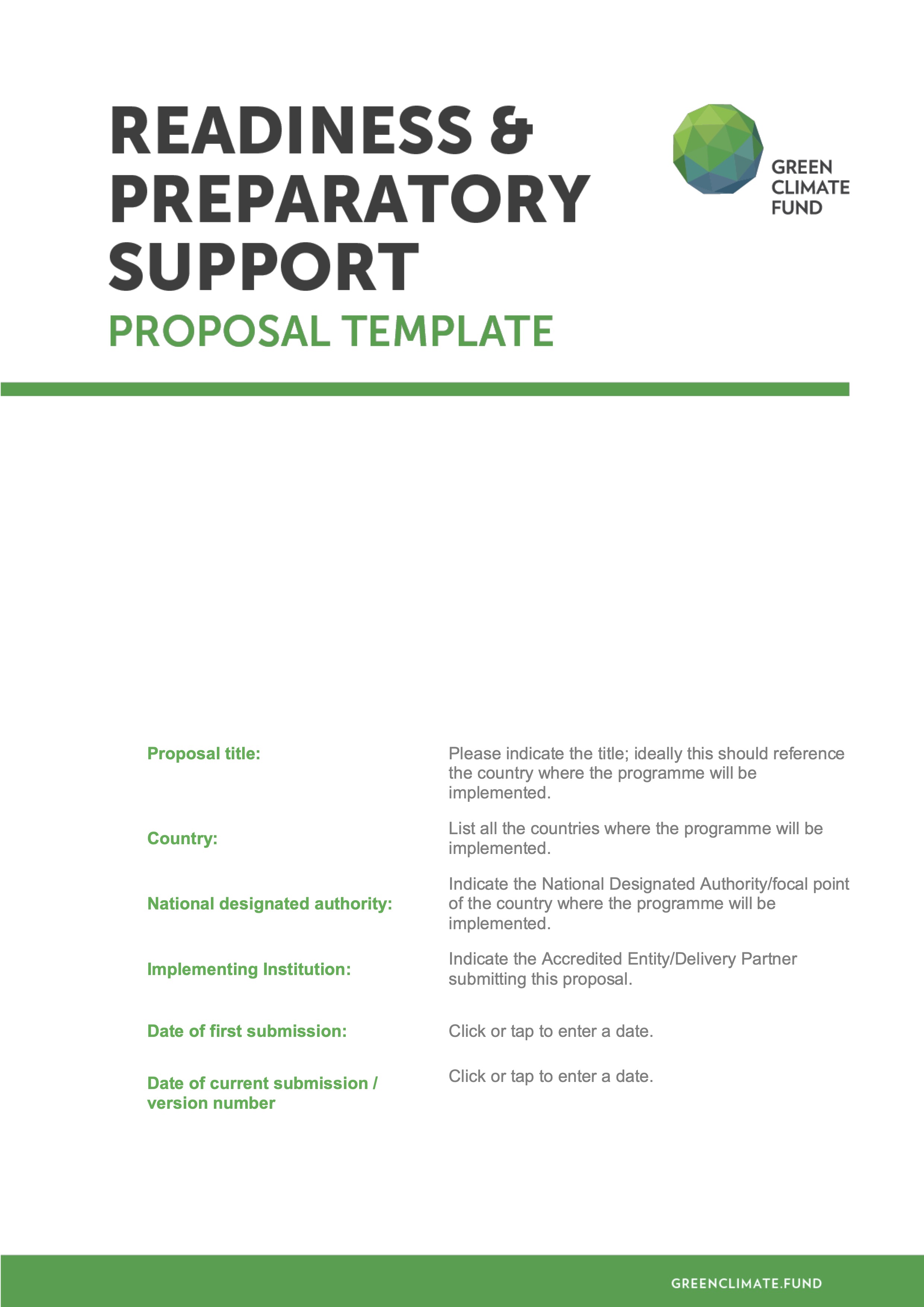 Document cover for Readiness and preparatory support proposal template