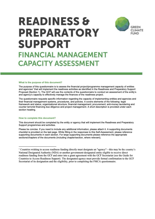 Document cover for Financial management capacity assessment template (FMCA)