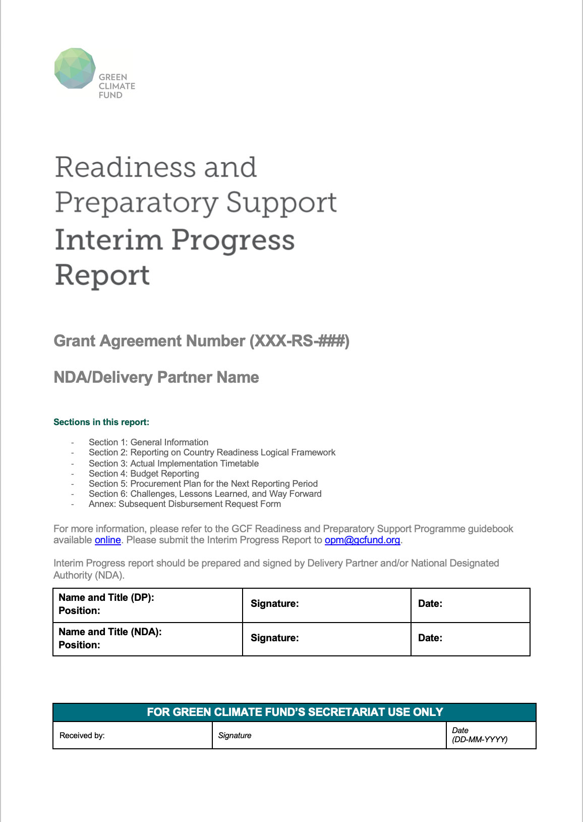 Document cover for Readiness and preparatory support interim progress report template