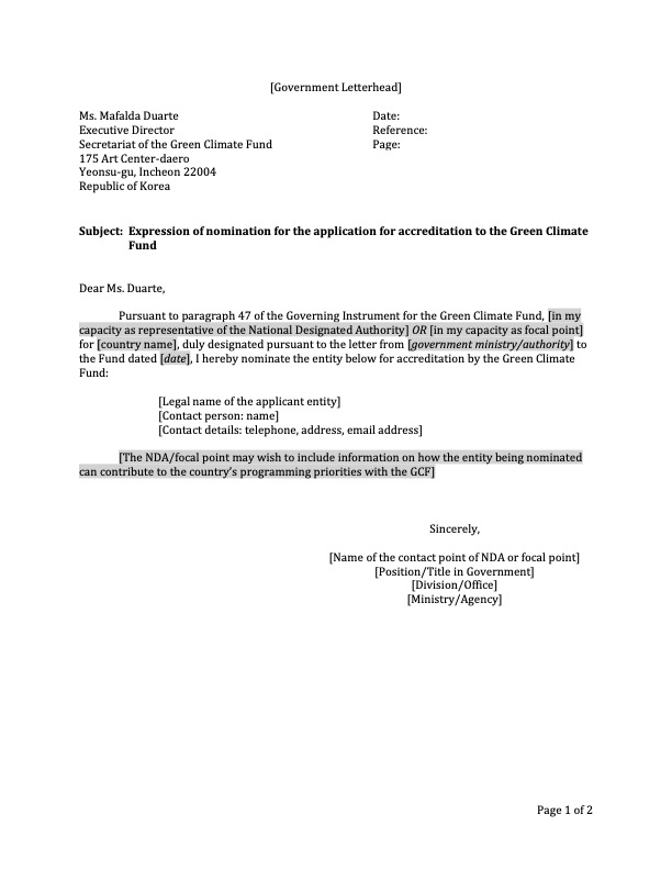 Document cover for Nomination letter template for application for accreditation to GCF