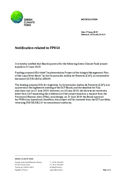 Document cover for Notification related to FP054