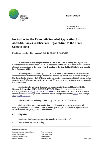 Download Invitation for the Twentieth Round of Application for Accreditation as an Observer Organization to the Green Climate Fund Document cover for Invitation for the Twentieth Round of Application for Accreditation as an Observer Organization to the Green Climate Fund