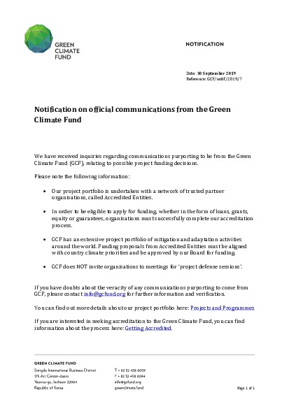 Document cover for Notification on official communications from the Green Climate Fund
