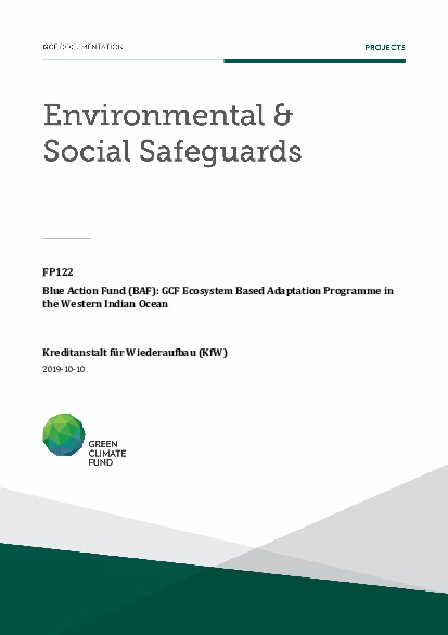 Document cover for Environmental and social safeguards (ESS) report for FP122: Blue Action Fund (BAF): GCF Ecosystem Based Adaptation Programme in the Western Indian Ocean