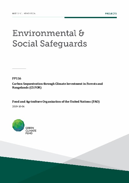 Document cover for Environmental and social safeguards (ESS) report for FP116: Carbon Sequestration through Climate Investment in Forests and Rangelands (CS FOR)