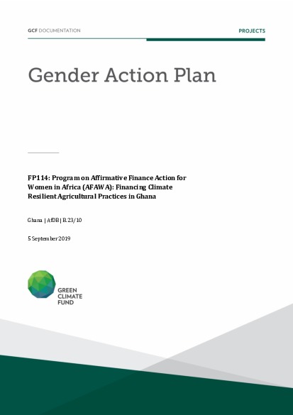 Document cover for Gender action plan for FP114: Program on Affirmative Finance Action for Women in Africa (AFAWA): Financing Climate Resilient Agricultural Practices in Ghana