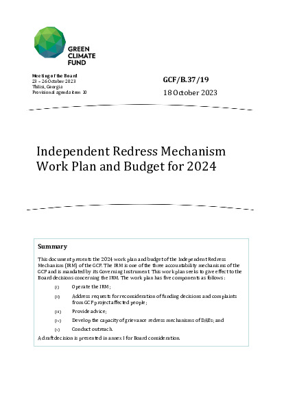 GCF/B.37/19 : Independent Redress Mechanism work plan and budget