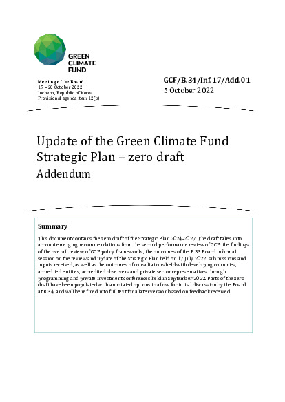 Download Update of the Green Climate Fund Strategic Plan – zero draft Addendum Document cover for Update of the Green Climate Fund Strategic Plan – zero draft Addendum
