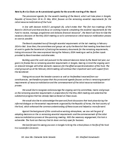 Document cover for Cover Note by Co-Chairs on Provisional Agenda