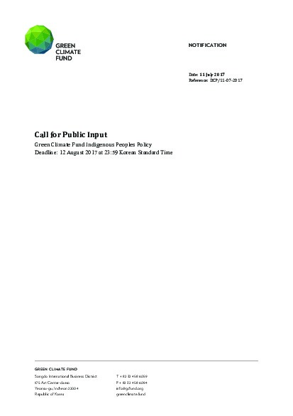 Document cover for Call for public input: GCF Indigenous Peoples Policy
