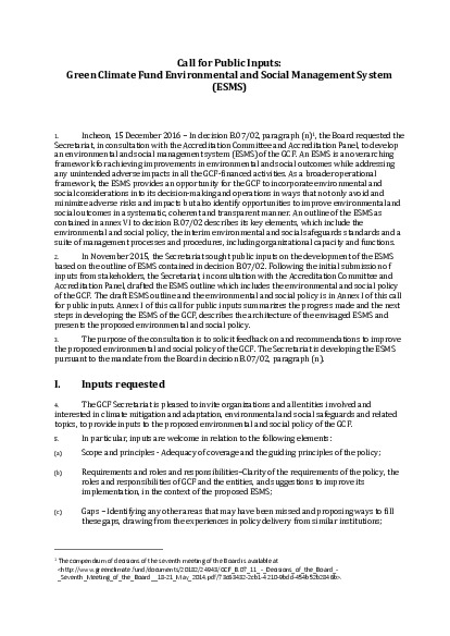 Download Call for public inputs: GCF Environmental and Social Management System Document cover for Call for public inputs: GCF Environmental and Social Management System