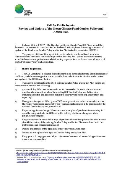 Download Call for public inputs: Review and update of the GCF Gender Policy and Action Plan Document cover for Call for public inputs: Review and update of the GCF Gender Policy and Action Plan