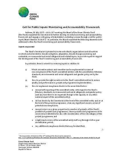 Document cover for Call for public inputs: Monitoring and Accountability Framework