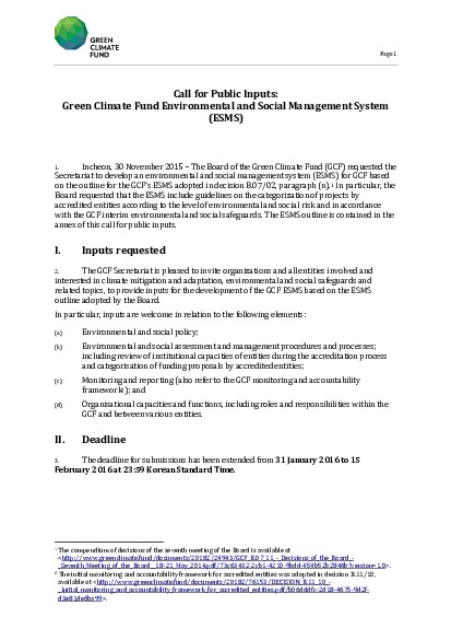 Download Call for public inputs: Environmental and Social Management System (extended deadline) Document cover for Call for public inputs: Environmental and Social Management System (extended deadline)