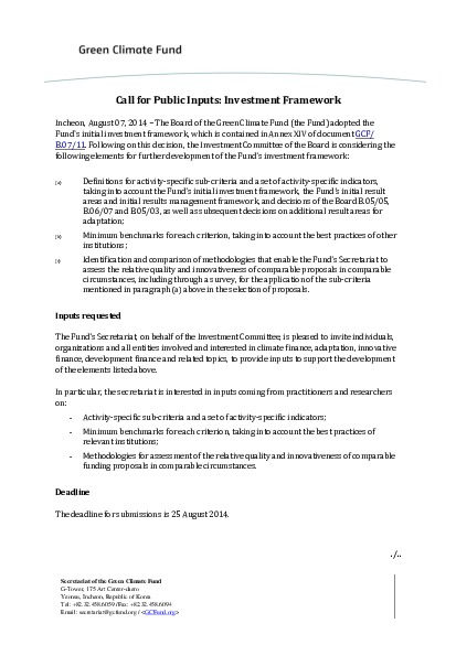 Document cover for Call for public inputs: Investment Framework