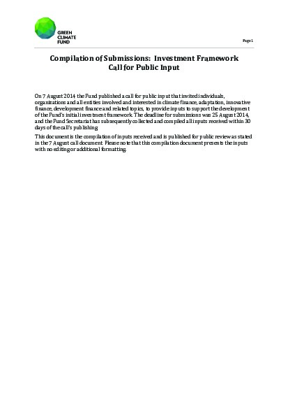 Download Compilation of submissions: Investment Framework Call for Public Input Document cover for Compilation of submissions: Investment Framework Call for Public Input