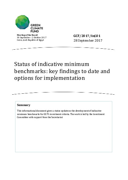 Document cover for Status of indicative minimum benchmarks: key findings to date and options for implementation