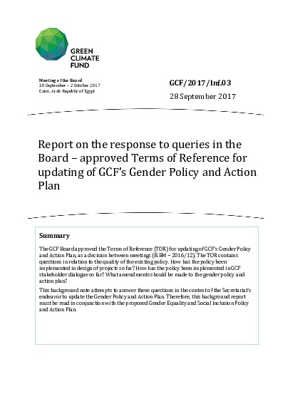 Document cover for Report on the response to queries in the Board – approved TOR for updating of GCF’s Gender Policy and Action Plan and Add.01