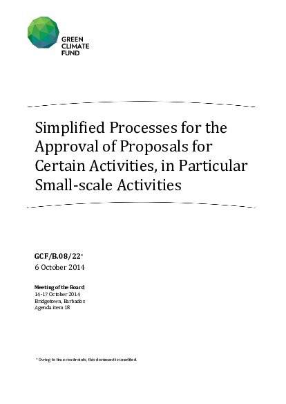 Document cover for Simplified Processes for the Approval of Proposals for Certain Activities, in Particular Small-scale Activities 