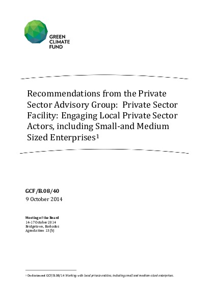 Document cover for Recommendations from the Private Sector Advisory Group: Private Sector Facility: Engaging Local Private Sector Actors, including Small-and Medium Sized Enterprises