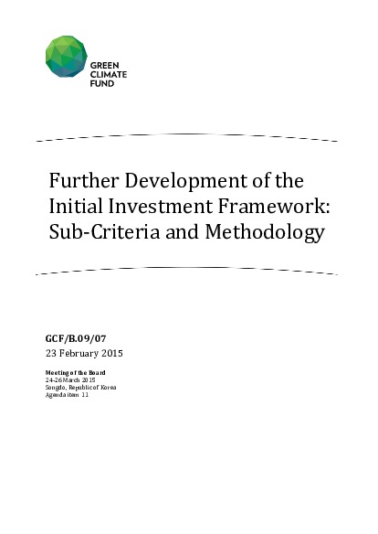 Document cover for Further Development of the Initial Investment Framework: Sub-Criteria and Methodology