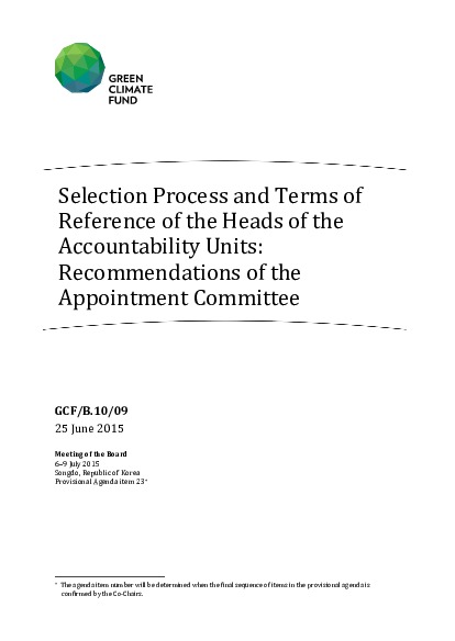 Document cover for Selection Process and Terms of Reference of the Heads of the Accountability Units: Recommendations of the Appointment Committee