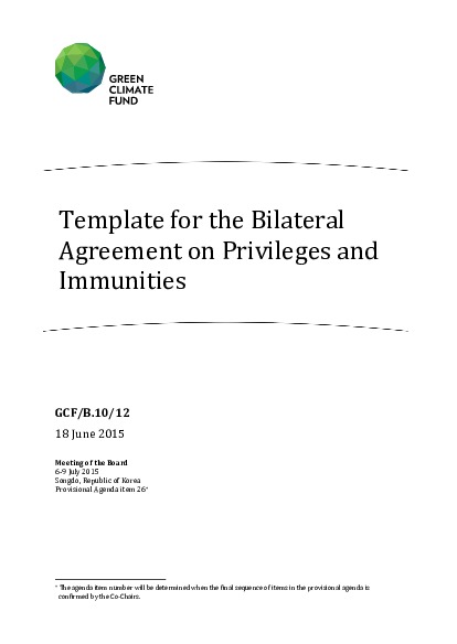 Document cover for Template for the Bilateral Agreement on Privileges and Immunities