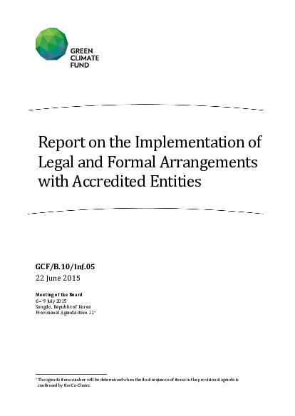 Document cover for Report on the Implementation of Legal and Formal Arrangements with Accredited Entities