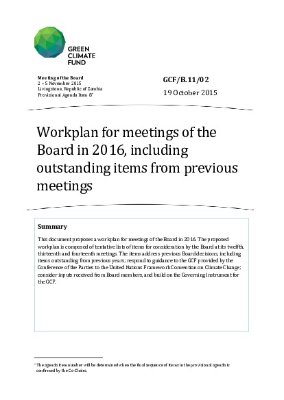 Document cover for Workplan for meetings of the Board in 2016, including outstanding items from previous meetings