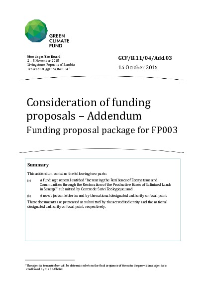 Document cover for Funding proposal package for FP003