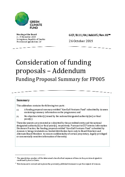 Document cover for Funding proposal package for FP005