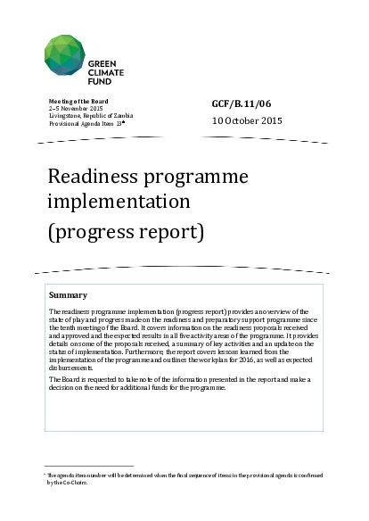 Document cover for Readiness programme implementation (Progress Report)