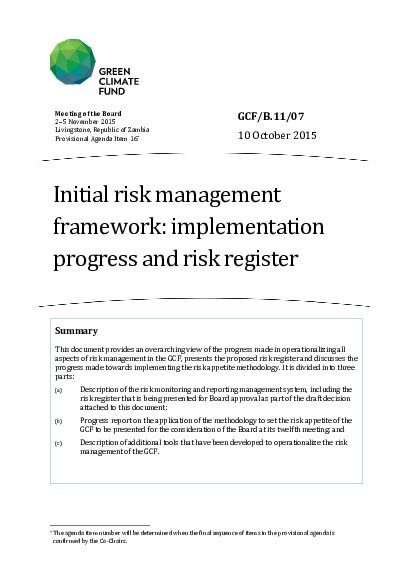 Document cover for Initial risk management framework: implementation progress and risk register