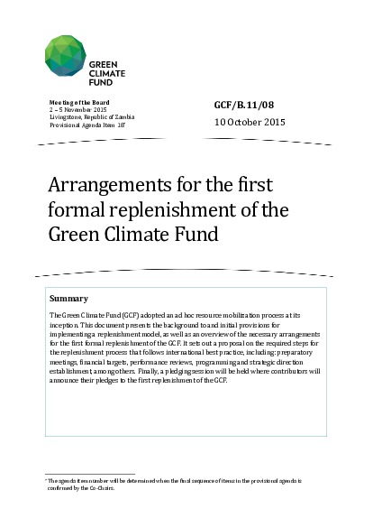 Document cover for Arrangements for the first formal replenishment of the Green Climate Fund