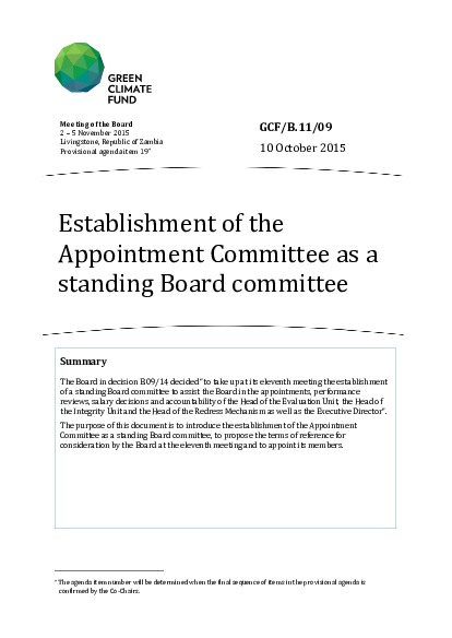 Document cover for Establishment of the Appointment Committee as a standing Board committee