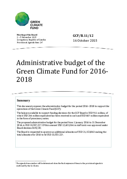 Document cover for Administrative budget of the Green Climate Fund for 2016 - 2018