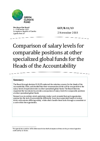 Document cover for Comparison of salary levels for comparable positions at other specialized global funds for the Heads of the Accountability