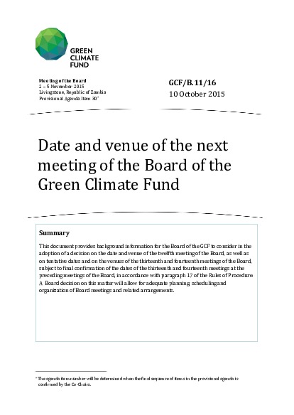 Document cover for Date and venue of the next meeting of the Board of the Green Climate Fund