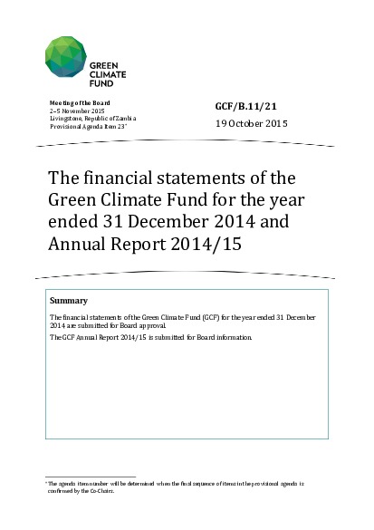 Document cover for The financial statements of the Green Climate Fund for the year ended 31 December 2014 and Annual Report 2014/15
