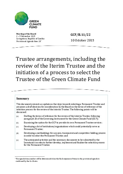 Document cover for Trustee arrangements, including the review of the Interim Trustee and the initiation of a process to select the Trustee of the Green Climate Fund
