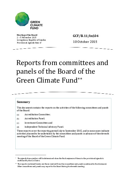 Document cover for Reports from committees and panels of the Board of the Green Climate Fund