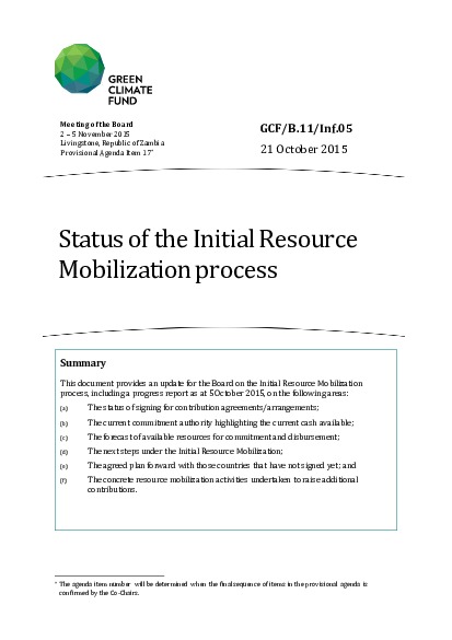 Document cover for Status of the Initial Resource Mobilization Process