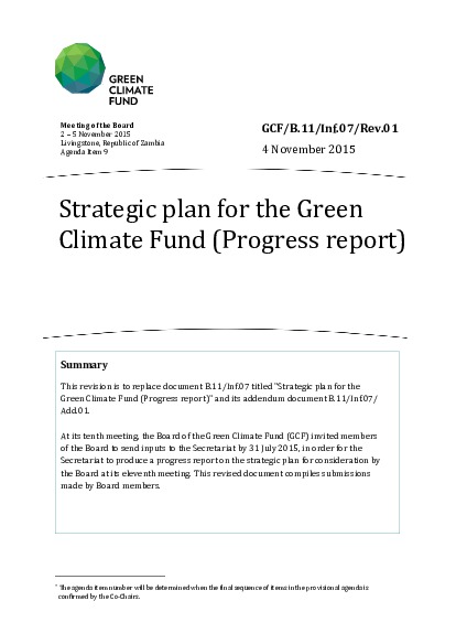 Document cover for Strategic plan for the Green Climate Fund (Progress report)