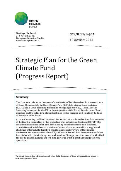 Document cover for Strategic Plan for the Green Climate Fund (Progress Report)